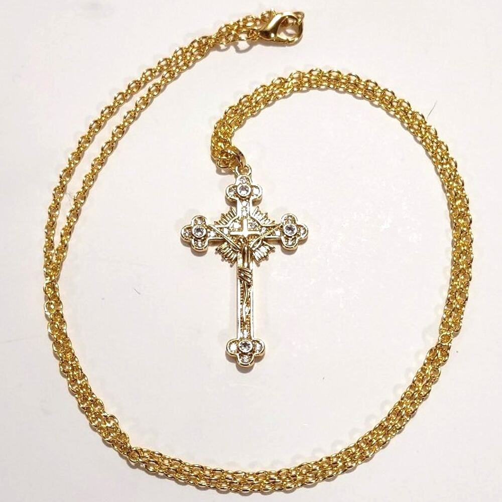 Golden Christian Cross Crucifix Necklace Rhinestone Gemstone Christmas Birthday